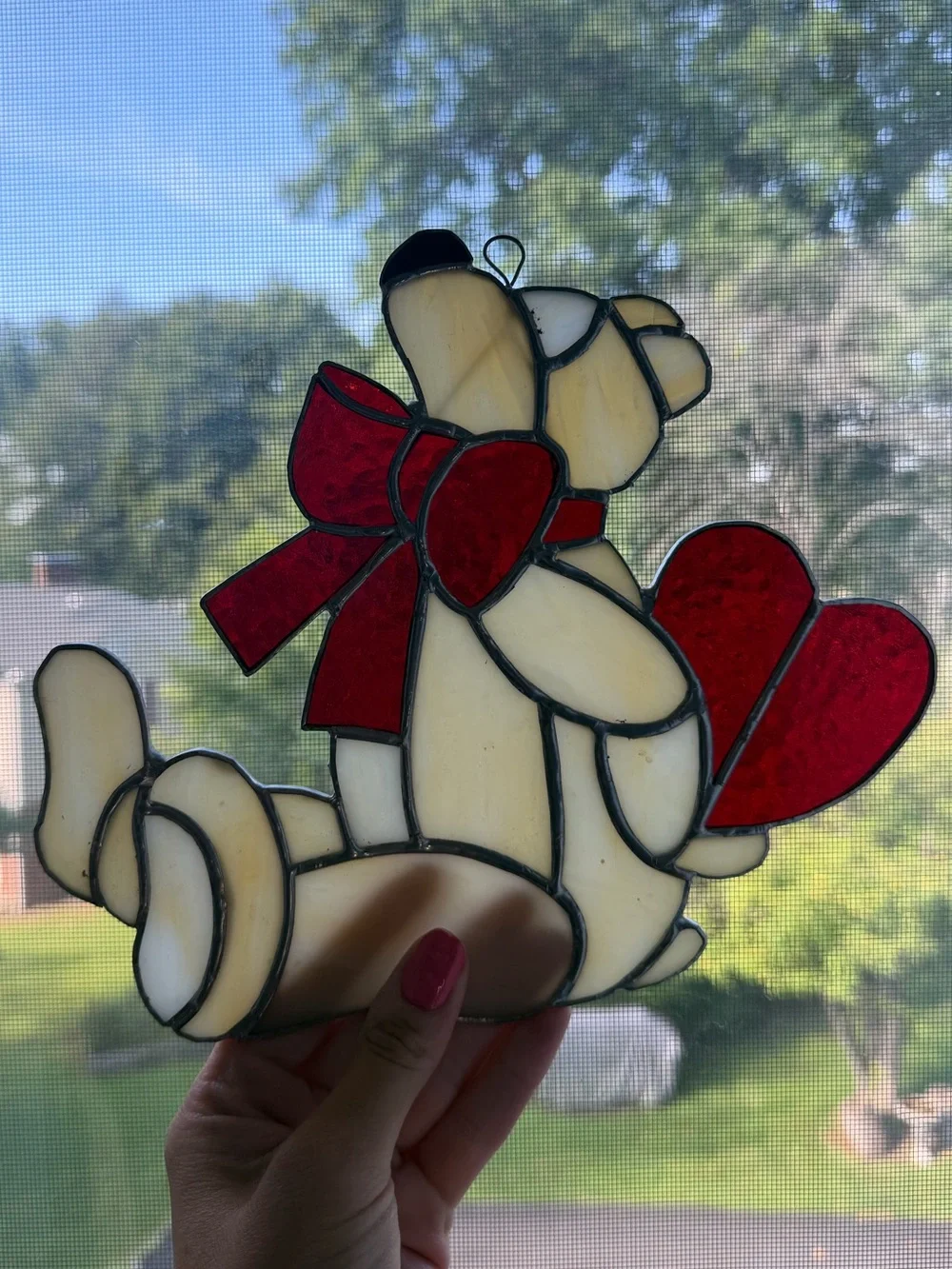 Vintage Stained Glass Bear Holding Heart Suncatcher Cream Red 8
